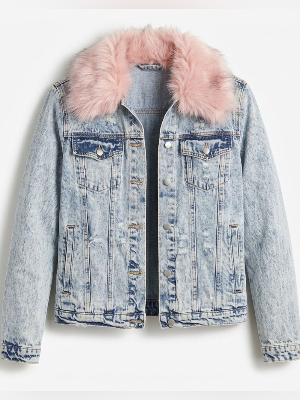 HONEY PUNCH pink fur collar distressed jean denim jacket